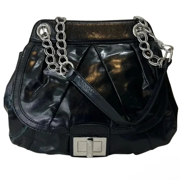 B Makowsky Black Leather Chain Strap Bag - Picture 1 of 9